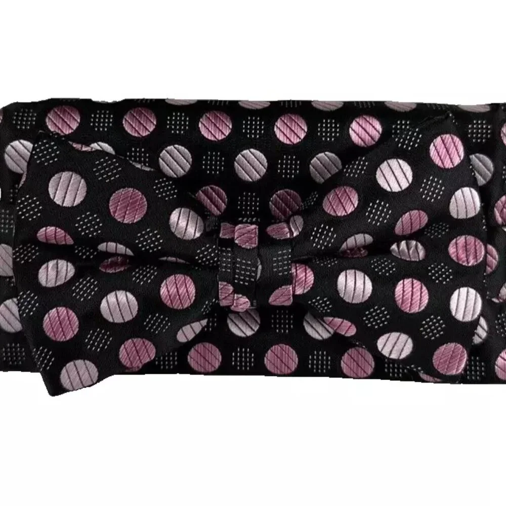 Stacy Adams Men's Bow Tie Hanky Black Pink Polka Dot Microfiber Handmade 2.5